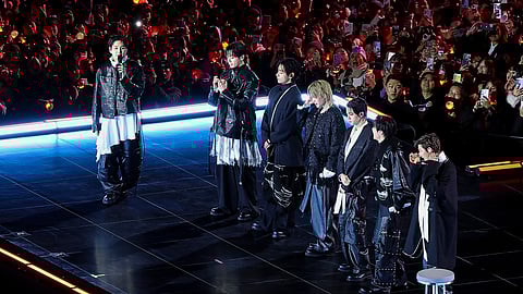 Kpop group BTS on stage during 'BTS The Comeback Live Arirang' concert in central Seoul, South Korea, March 21, 2026.