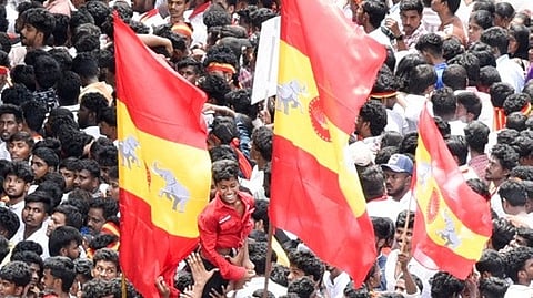 A set of clips from Ramanathapuram and Sivaganga after the Model Code of Conduct (MCC) came into force show school-going children moving in groups with flags and joining slogan-shouting cadre