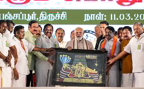 Prime Minister Narendra Modi along with AIADMK General Secretary Edappadi K. Palaniswami, PMK President Anbumani Ramadoss, Tamil Maanila Congress President G.K. Vasan and others during an NDA election campaign meeting for the state Assembly polls, in Tiruchirappalli, Wednesday, March 11, 2026.