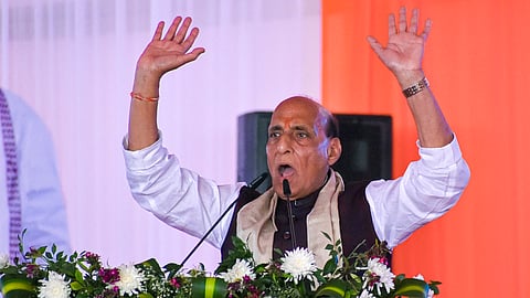 Defense Minister Rajnath Singh addresses a public rally marking four years of the state government, in Haldwani, Saturday, March 21, 2026.