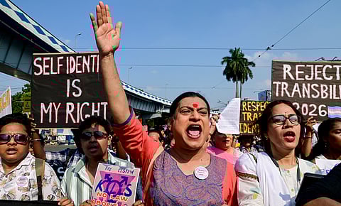People from the LGBTQ+ community take part in a rally over Transgender (Amendment) Bill, 2026, in Kolkata, Sunday, March 22, 2026.