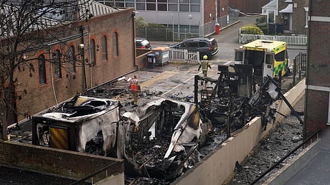 View of burnt ambulances in a car park at Golders Green in London, Monday, March 23, 2026, after an apparent arson attack on four vehicles belonging to a Jewish ambulance service, Hatzola Northwest, in London.