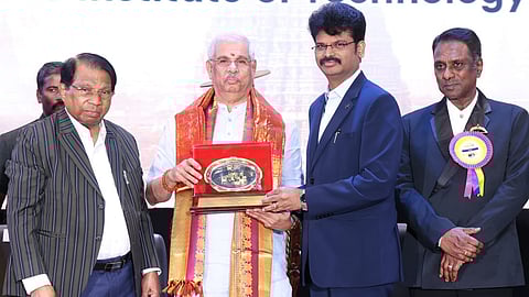 VIT vice president Dr GV Selvam presented a memento to Governor Rajendra Vishwanath Arlekar during the conference on Sunday.