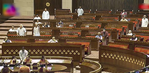 Rajya Sabha proceedings are underway during the budget session of Parliament in New Delhi on Monday.