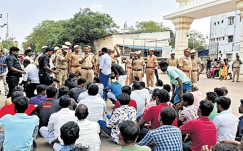 Relatives stage a protest seeking justice after a farmer’s murder and his daughter’s suicide near Tirunelveli; (inset) Baby Kani and her father Arumugam.
