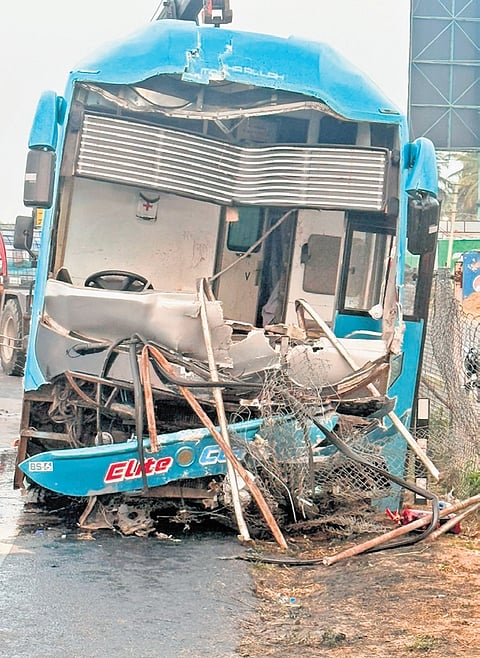 The mangled remains of the AC sleeper bus that was involved in the accident