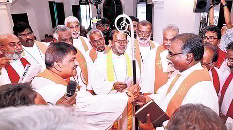 Dr Princeton Ben being installed as the Bishop of the CSI South Kerala Diocese at a ceremony held at the MM Cathedral at Palayam on Sunday, with the service being led by CSI Moderator Dr Ruben Mark | Express