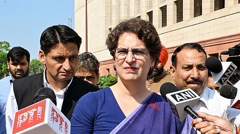 Congress MPs Priyanka Gandhi and Deepender Singh Hooda speak to the media at the Parliament premises during the ongoing Budget Session in New Delhi on Monday, March 23, 2026.