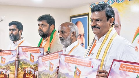 BJP State president PVN Madhav releases ‘Mana Vuru-Mana Jenda’ poster on Monday 