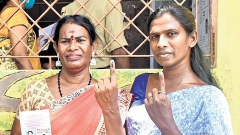 Transgenders casting their vote in Dhamotharapuram Corporation School in Adyar at Chennai. 