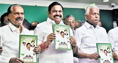 AIADMK general secretary Edappadi K Palaniswami releasing the poll manifesto in Chennai on Tuesday | P Jawahar