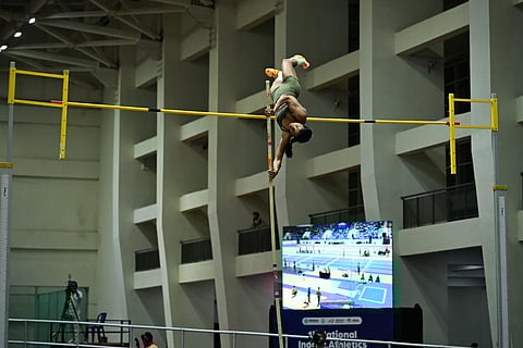Pole vaulter Baranica Elangovan in action on Day 1 of the 1st National Indoor Athletics Championships in Bhubaneswar