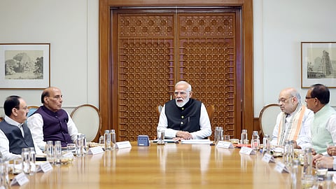 Prime Minister Narendra Modi chairs a high-level meeting to review the situation related to petroleum, crude, gas, power and fertiliser sectors in view of the evolving West Asia situation, in New Delhi on Sunday.