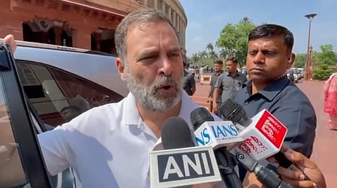 Congress leader and Lok Sabha LoP Rahul Gandhi speaks to reporters outside the Parliament on Tuesday, March 24, 2026.