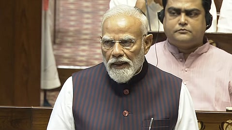Prime Minister Narendra Modi addresses the Rajya Sabha on Tuesday, March 24, 2026.
