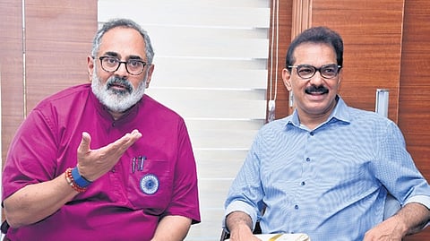 BJP state president Rajeev Chandrasekhar with Twenty20 chairman Sabu Jacob.