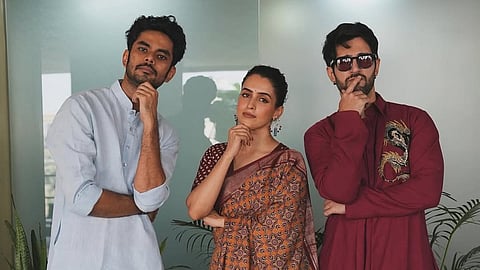 (from left) Aditya Rawal, Sanya Malhotra and Aditya Seal at the muhurat puja ceremony of Sundar poonam