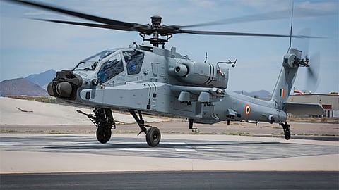 An Indian Air Force AH-64E Apache helicopter. Under the ‘Vayu Baan’ project, the IAF is looking to deploy air-launched drones to extend strike range and reduce risk to aircrew.