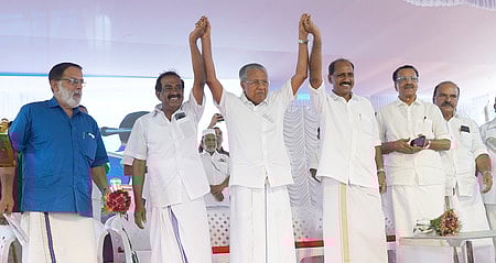 Chief Minister Pinarayi Vijayan with LDF candidate for Kanjirappally N Jayaraj and for Poonjar Sebastian Kulathungal at an election meeting held in Kanjirappally 