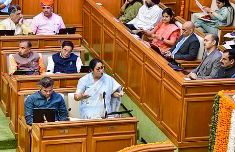 Chief Minister Rekha Gupta presents the Delhi Budget 2026 - 27 during the Budget Session of the Delhi Legislative Assembly, in New Delhi.