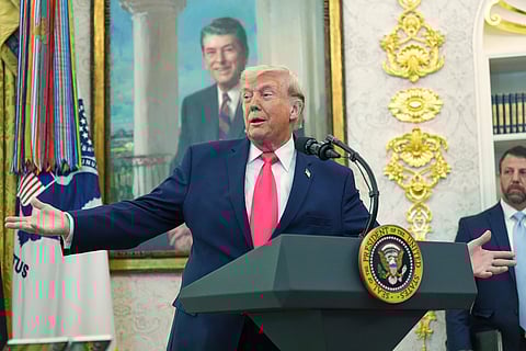 President Donald Trump speaks during the swearing in for Homeland Security Secretary Markwayne Mullin in the Oval Office of the White House, Tuesday, March 24, 2026, in Washington. 