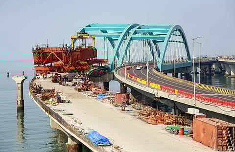 In this photo from Nov 28, 2024, a view of the final girder of the “bow-string” arch bridge connecting Mumbai Coastal Road and the Bandra Worli Sea Link and the Coastal Road being installed in Mumbai.