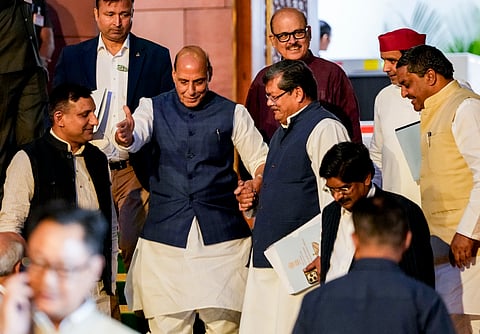 Union Defence Minister Rajnath Singh, Congress MPs Mukul Wasnik and Tariq Anwar, Samajwadi Party (SP) MP Dharmendra Yadav and others leave after the all-party meeting convened by the government to discuss the ongoing West Asia crisis, in New Delhi, Wednesday, March 25, 2026.