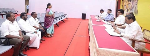 Thoothukudi corporation Mayor Jegan Periyasamy, Thoothukudi corporation paguthi sabha member Arthur Machado, DMK's state fishermen wing deputy organiser Florence, and Social Welfare and Women Empowerment Minister Geetha Jeevan appearing for the candidate selection held at Arivalayam recently