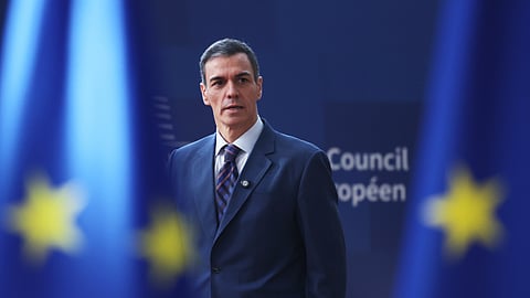 Spain's Prime Minister Pedro Sanchez arrives for the EU summit at the European Council building in Brussels, Thursday, March 19, 2026.