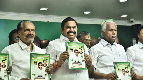 AIADMK General Secretary Edappadi K. Palaniswami (C) and party leaders release the manifesto for the Tamil Nadu Assembly elections at the party headquarters in Chennai on Tuesday, March 25, 2026.