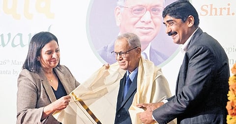 Infosys founder N R Narayana Murthy (centre) at the India Forward talk series 