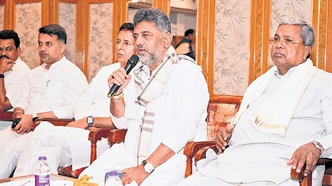 KPCC chief and Deputy Chief Minister DK Shivakumar addresses the Congress Legislature Party meeting in Bengaluru on Wednesday  | PIC:X 