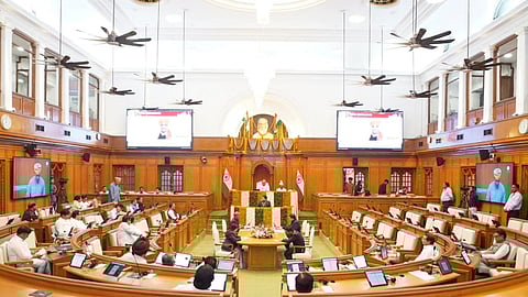Delhi Legislative Assembly Speaker Vijender Gupta conducts the proceedings of the House on the third day of the Budget Session of the Delhi Assembly, in New Delhi.