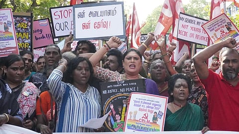Communist Party of India (Marxist) along with members of transgender community staged a protest near the Chennai Collectorate on Monday against the proposed Transgender Persons (Protection of Rights) Amendment Bill, 2026