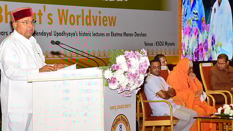 Governor Thaawarchand Gehlot speaks at the conference, Ekatma Manava Darshana: Bharat’s Worldview, in Mysuru on Wednesday.
