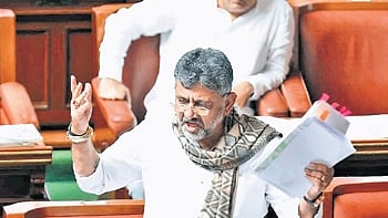 Deputy Chief Minister DK Shivakumar makes a point in the Assembly in Vidhna Soudha on Thursday 