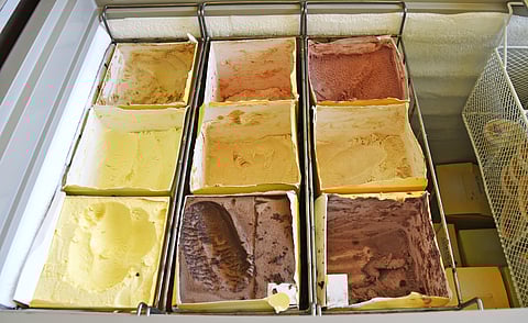 Fruit and dry fruit-based ice cream flavours laid out in a parlour at Uzhavar Santhai in Thennur.