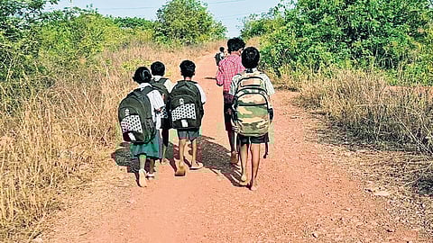 Kids from Thamaraikkuppam walking to Kothandaraman High School.