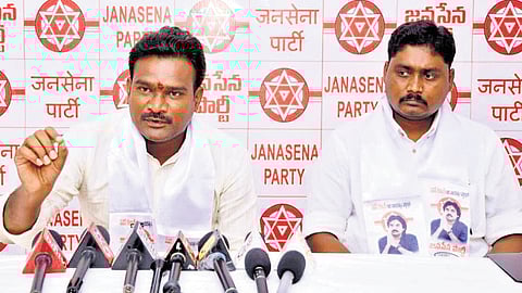 State Mala Corporation Chairman Dr Pedapudi Vijay Kumar and Madiga Corporation Director Betapudi Vijay Sekhar addressing a press conference on Friday.