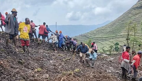 Locals search for the bodies of mudslide victims in the Gacho Baba district of the Gamo Zone in southern Ethiopia on Tuesday, March 10, 2026.