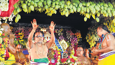 Priests perform rituals during Sri Sita Ramachandra Swamy Kalyana Mahotsavam at Bhadrachalam on Friday