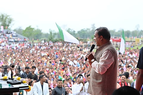 Assam CM Himanta Biswa Sarma addressing an election rally.