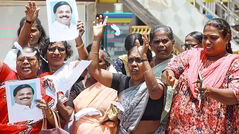 A group of AIADMK women wing cadres staging protest against the party east district secretary N Thalavai Sundaram for not allotting Nagercoil and other constituencies to the party.