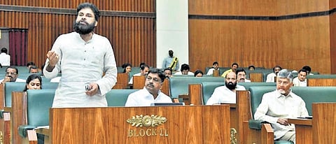 Deputy Chief Minister Pawan Kalyan speaking in the AP Legislative Assembly during a special session convened to pass a resolution seeking statutory recognition for Amaravati as the State Capital on Saturday.