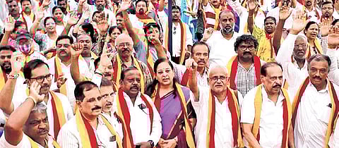 Kannada Catholic Association members stage a demonstration at Freedom Park in Bengaluru on Saturday