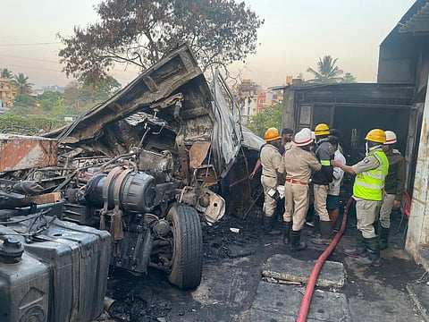 A steel-laden lorry rammed into a stationary CNG-powered car at Kurubarahalli and ended up in a scrap godown. The accident triggered a massive fire around 1.30 a.m. in Bengaluru on Friday.