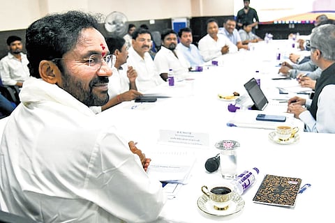 Union Coal and Mines Minister G Kishan Reddy at a review meeting with oil marketing companies and dealers in Hyderabad on Saturday 