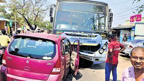 The police said no passenger on the bus was injured; the front portion of the bus got damaged in the accident 