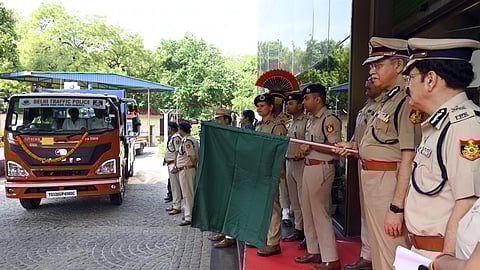 Delhi Police Commissioner Satish Golchha during the Flag-Off Ceremony of Newly Procured Cranes for Traffic police at PHQ in New Delhi on Saturday.