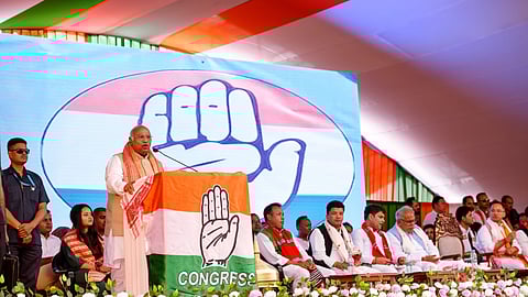 Congress president Mallikarjun Kharge addresses an election rally at Naoboicha in Assam's Lakhimpur district on Sunday, March 29, 2026.